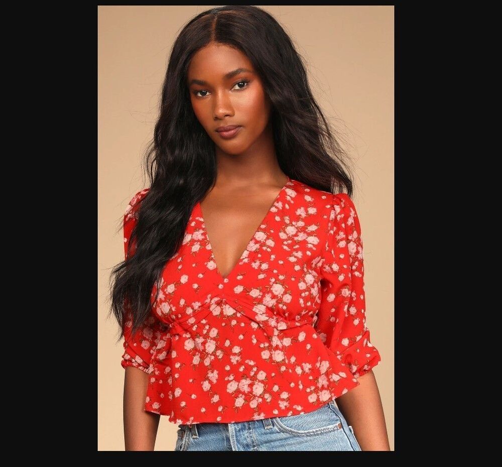 NWT Sage the Label Red Floral Flowered Top Puff Sleeve Peplum Blouse Medium